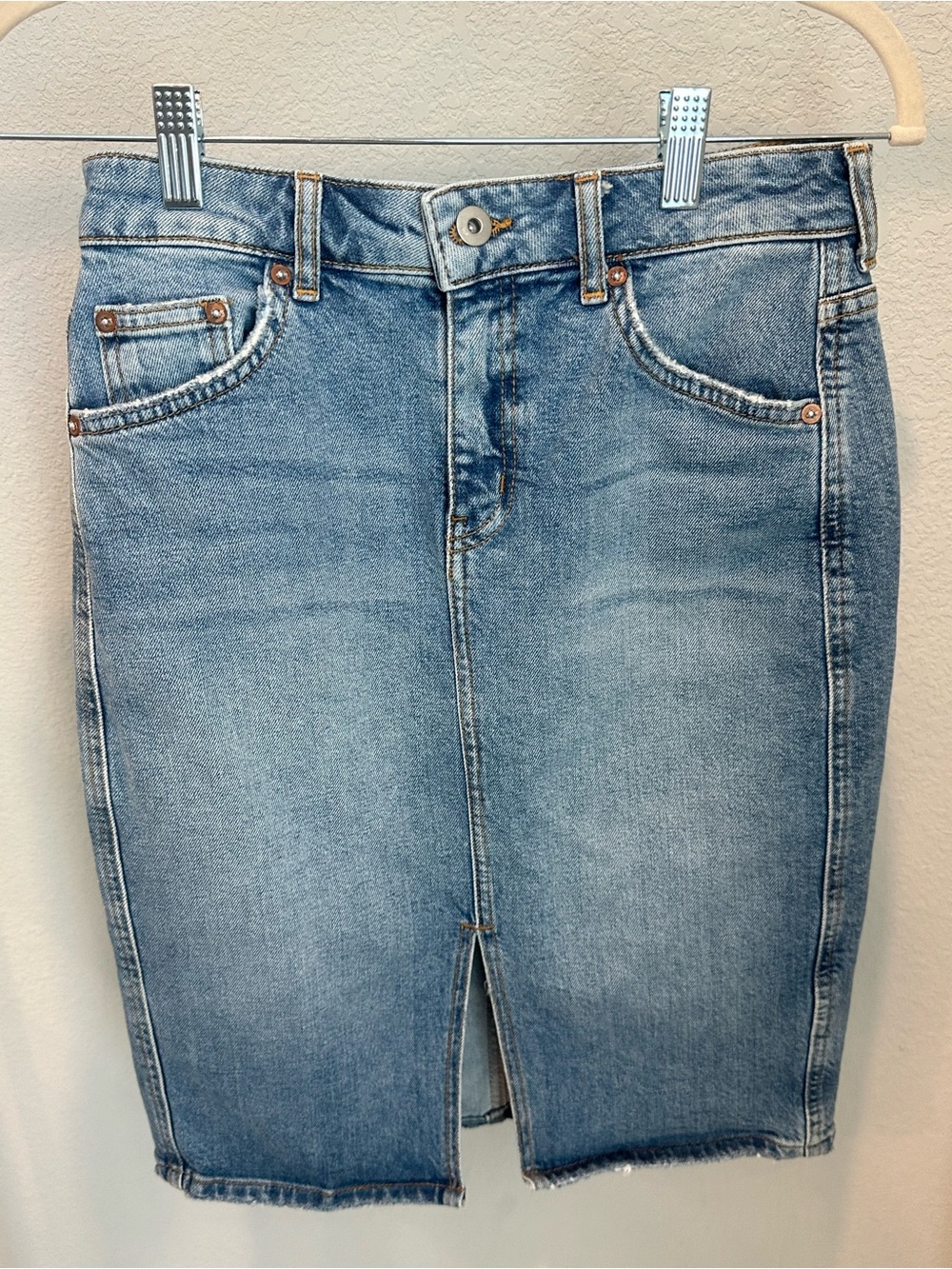 Anthropologie Cotton Light Blue Denim Pencil Skirt with Front Slit